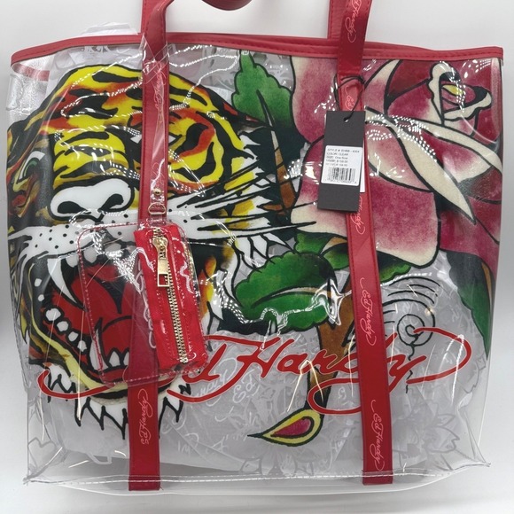 Ed Hardy Tiger Rose Clear PVC Tote‎ Bag Handbag with Red Trim and Pouch $159 - Picture 3 of 14